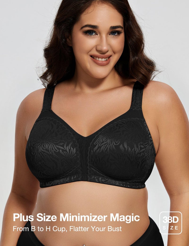 Deyllo Women's Full Coverage Plus Size Comfort Minimizer Bra Wirefree Non Padded(Black,40D) - Image 2